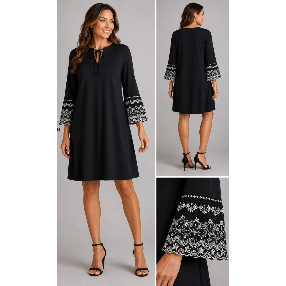 St John's Bay Shift Dress Womens XL Black Embroidered Ruffle 3/4 Sleeve Boho